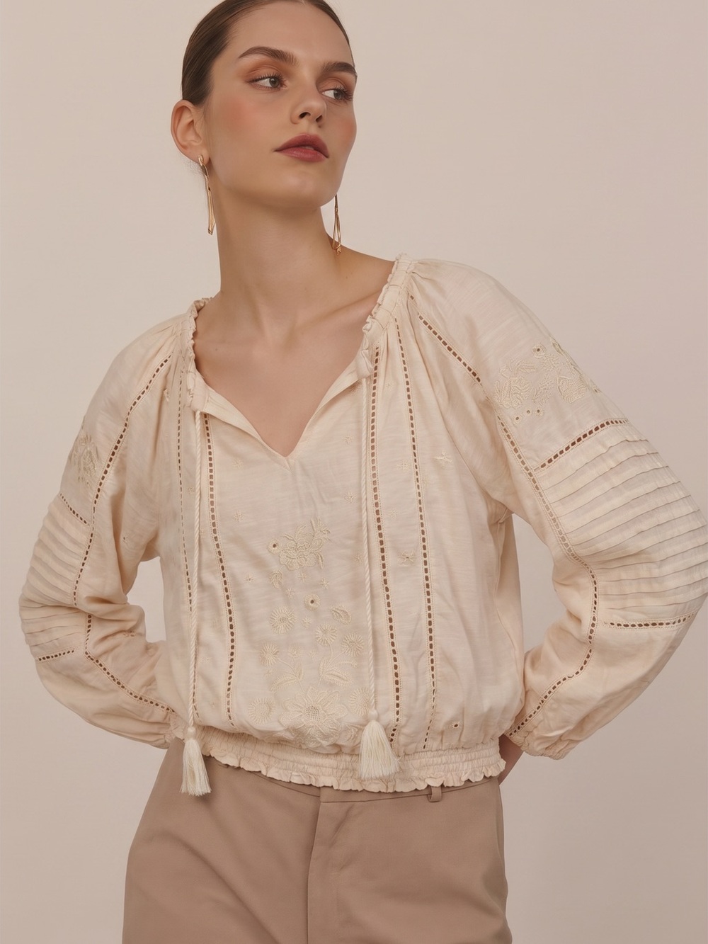Lucky Brand Boho Embroidered Peasant Blouse Lace Trim Size L